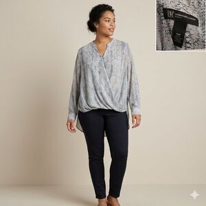 INC International Concepts Snakeskin Faux Wrap Blouse Gray Blue Plus Size 18W